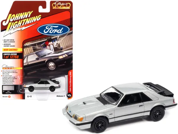 1986 Ford Mustang SVO Silver Metallic with Black Stripes "Classic Gold Collection" Series Limited Edition to 12768 pieces Worldwide 1/64 Diecast Model Car by Johnny Lightning #1