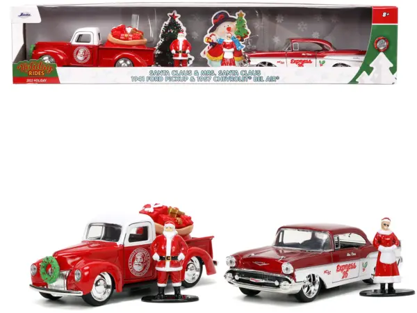1941 Ford Pickup Truck Red and White "Santa's Workshop" and 1957 Chevrolet Bel Air Red Metallic and White "Express 25" with Mr. and Mrs. Santa Claus Diecast Figures "Holiday Rides" Series 1/32 Diecast Model Cars by Jada #1