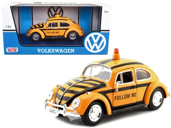 1966 Volkswagen Beetle "Follow Me" Airport Safety Vehicle Yellow with Black Stripes 1/24 Diecast Model Car by Motormax #1