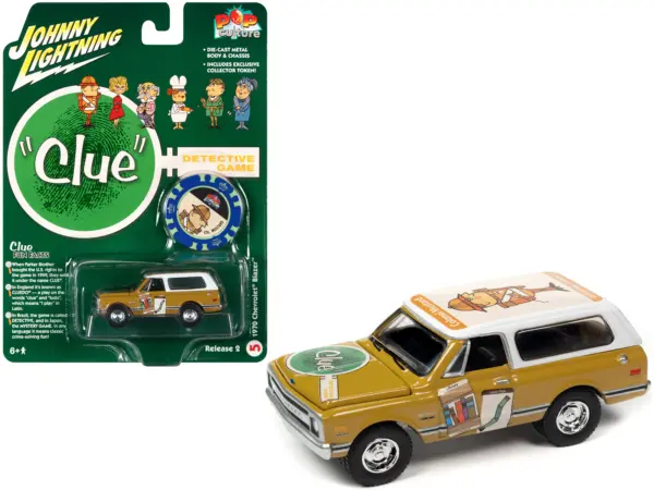 1970 Chevrolet Blazer Mustard Yellow with White Top (Colonel Mustard) w/Poker Chip Collector's Token "Vintage Clue" "Pop Culture" 2022 Release 2 1/64 Diecast Model Car by Johnny Lightning #1