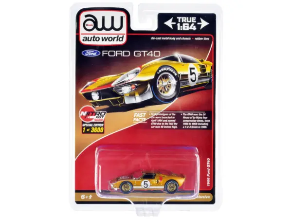 1966 Ford GT40 RHD (Right Hand Drive) #5 Gold with Graphics Limited Edition to 3600 pieces Worldwide 1/64 Diecast Model Car by Auto World #1