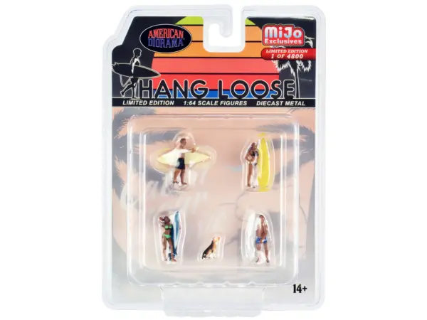 "Hang Loose" 5 piece Diecast Set (4 Surfer Figures and 1 Dog) Limited Edition to 4800 pieces Worldwide for 1/64 Scale Models by American Diorama #1