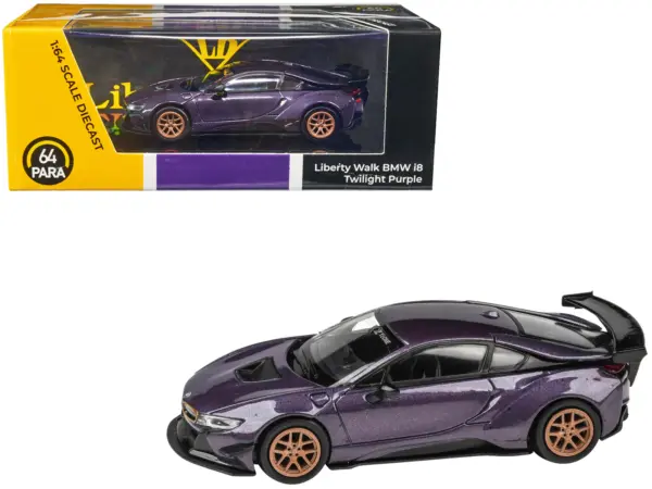 BMW i8 Liberty Walk Twilight Purple Metallic with Gold Wheels 1/64 Diecast Model Car by Paragon Models #1