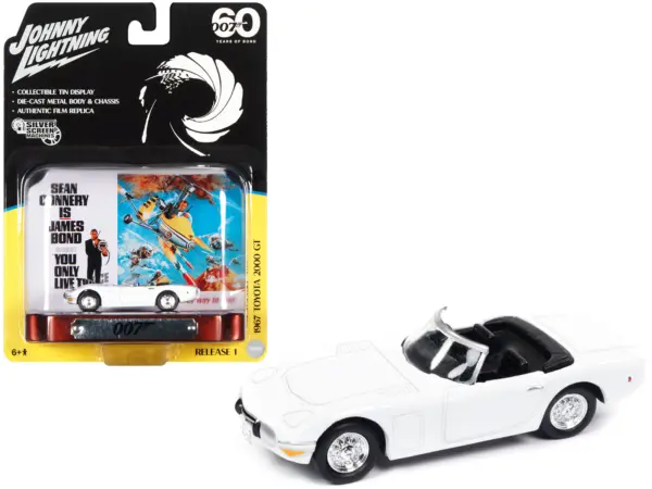 1967 Toyota 2000 GT Convertible RHD (Right Hand Drive) White 007 (James Bond) "You Only Live Twice" (1967) Movie with Collectible Tin Display "Silver Screen Machines" Series 1/64 Diecast Model Car by Johnny Lightning #1