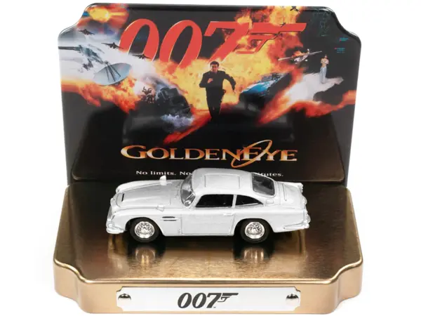 Aston Martin DB5 RHD (Right Hand Drive) Silver Metallic 007 (James Bond) "GoldenEye" (1995) Movie with Collectible Tin Display "Silver Screen Machines" Series 1/64 Diecast Model Car by Johnny Lightning #2