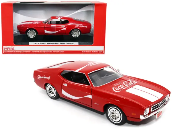 1971 Ford Mustang Sportsroof Red with White Stripes "Refresh Yourself - Coca-Cola" 1/24 Diecast Model Car by Motor City Classics #1