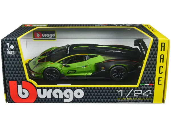 Lamborghini Essenza SCV12 #63 Green Metallic and Black "Squadra Corse" "Race" Series 1/24 Diecast Model Car by Bburago #1