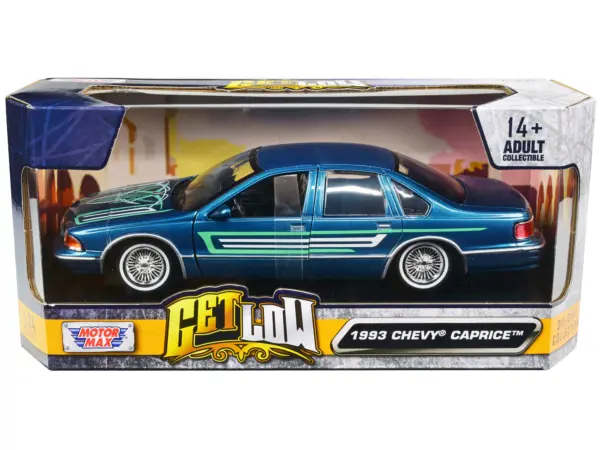 1993 Chevrolet Caprice Lowrider Blue Metallic with Graphics "Get Low" Series 1/24 Diecast Model Car by Motormax #1