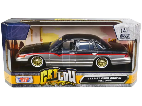 1993-1997 Ford Crown Victoria Lowrider Black Metallic and Silver with Red Stripes "Get Low" Series 1/24 Diecast Model Car by Motormax #1