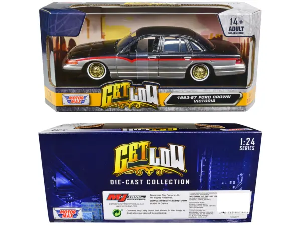 1993-1997 Ford Crown Victoria Lowrider Black Metallic and Silver with Red Stripes "Get Low" Series 1/24 Diecast Model Car by Motormax #3