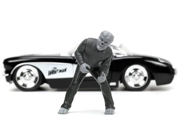 1957 Chevrolet Corvette Black with White Top and Wolfman Diecast Figure "Universal Monsters" "Hollywood Rides" Series 1/24 Diecast Model Car by Jada #5