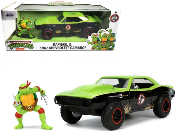 1967 Chevrolet Camaro Offroad Bright Green and Matt Black (Dirty Version) and Raphael Diecast Figure "Teenage Mutant Ninja Turtles" "Hollywood Rides" Series 1/24 Diecast Model Car by Jada #1