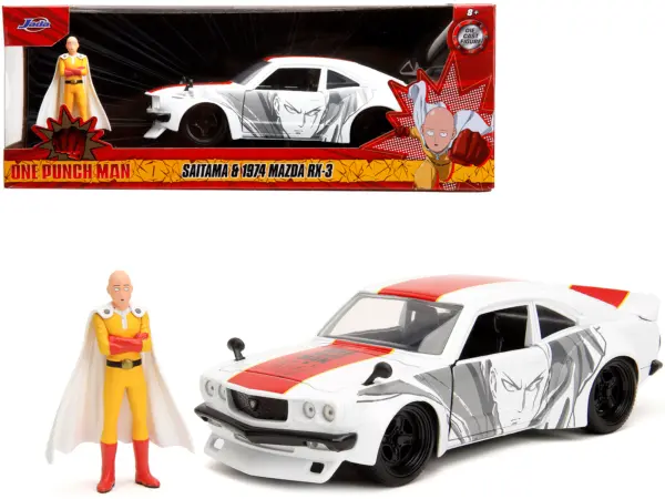 1974 Mazda RX-3 White with Red Stripe and Graphics and Saitama Diecast Figure "One Punch Man" (2015-2019) TV Series 1/24 Diecast Model Car by Jada #1
