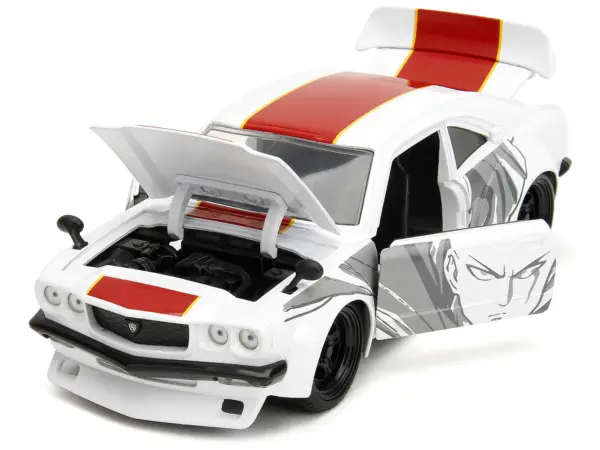 1974 Mazda RX-3 White with Red Stripe and Graphics and Saitama Diecast Figure "One Punch Man" (2015-2019) TV Series 1/24 Diecast Model Car by Jada #2