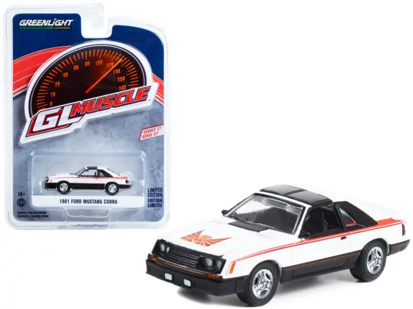 1981 Ford Mustang Cobra Polar White and Black with Red Stripes "Greenlight Muscle" Series 27 1/64 Diecast Model Car by Greenlight #1