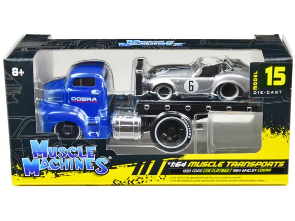 1950 Ford COE Flatbed Truck Blue "Cobra Powered by Ford" and 1964 Shelby Cobra #6 Silver Metallic with Stripes "Muscle Transports" Series 1/64 Diecast Model Cars by Muscle Machines #1