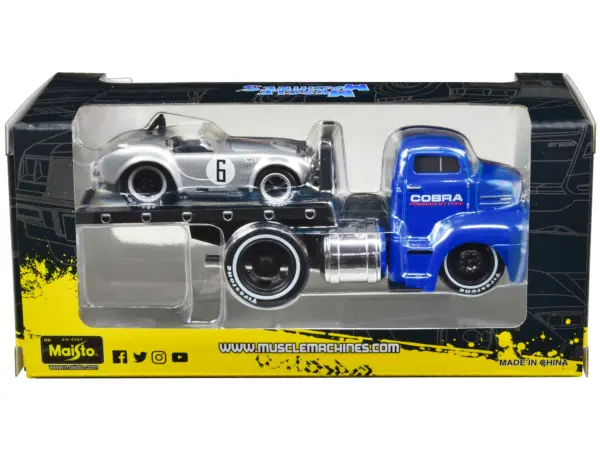 1950 Ford COE Flatbed Truck Blue "Cobra Powered by Ford" and 1964 Shelby Cobra #6 Silver Metallic with Stripes "Muscle Transports" Series 1/64 Diecast Model Cars by Muscle Machines #2