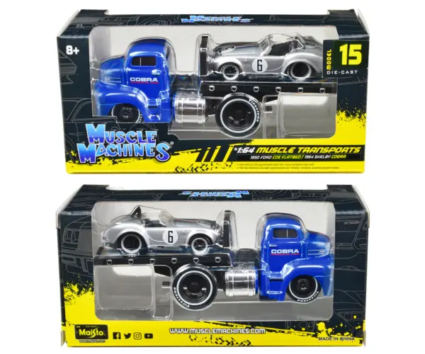 1950 Ford COE Flatbed Truck Blue "Cobra Powered by Ford" and 1964 Shelby Cobra #6 Silver Metallic with Stripes "Muscle Transports" Series 1/64 Diecast Model Cars by Muscle Machines #3