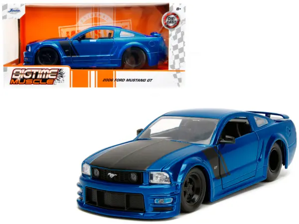 2006 Ford Mustang GT Blue Metallic with Matt Black Hood and Stripes "Bigtime Muscle" Series 1/24 Diecast Model Car by Jada #1