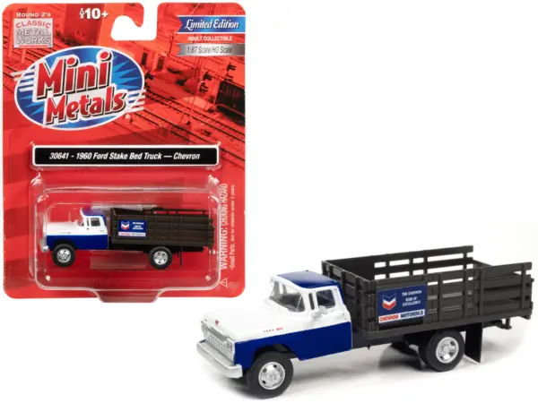 1960 Ford Stake Bed Truck "Chevron" Blue and White 1/87 (HO) Scale Model Car by Classic Metal Works #1