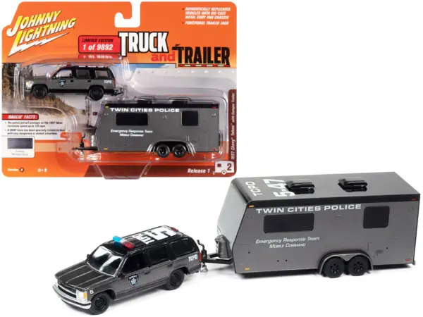 1997 Chevrolet Tahoe "SWAT" Custom Gray Metallic and Black with "Twin Cities Police" Camper Trailer Limited Edition to 9892 pieces Worldwide "Truck and Trailer" Series 1/64 Diecast Model Car by Johnny Lightning #1