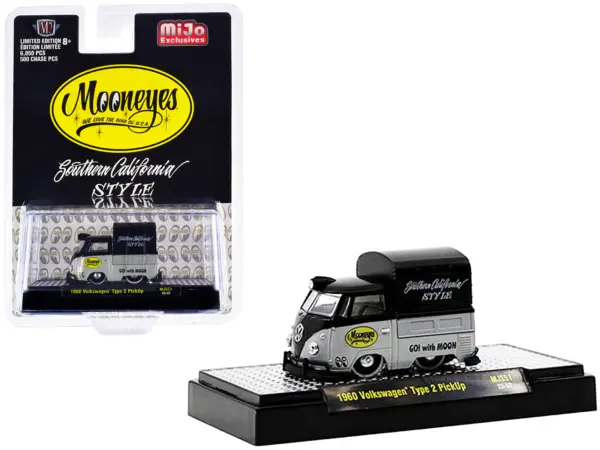 1960 Volkswagen Type 2 Pickup Truck with Canvas Cover "Mooneyes Southern California Style" Black and Gray Limited Edition to 6050 pieces Worldwide 1/64 Diecast Model Car by M2 Machines #1