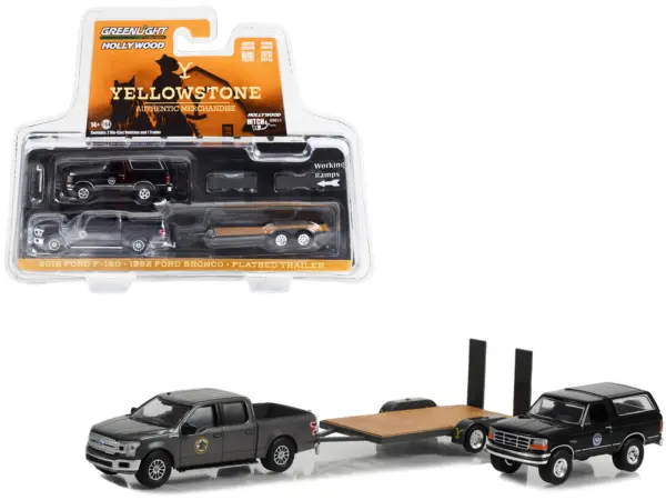 2018 Ford F-150 Pickup Truck Gray with 1992 Ford Bronco "Montana Livestock Association" Black and Flatbed Car Trailer "Yellowstone" (2018-Current) TV Series "Hollywood Hitch & Tow" Series 11 1/64 Diecast Model Cars by Greenlight #1