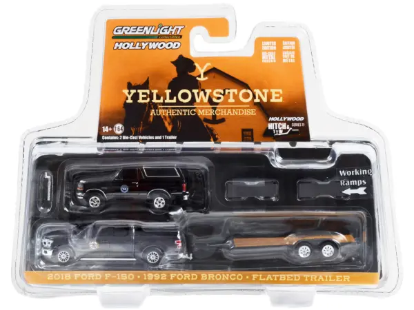 2018 Ford F-150 Pickup Truck Gray with 1992 Ford Bronco "Montana Livestock Association" Black and Flatbed Car Trailer "Yellowstone" (2018-Current) TV Series "Hollywood Hitch & Tow" Series 11 1/64 Diecast Model Cars by Greenlight #3
