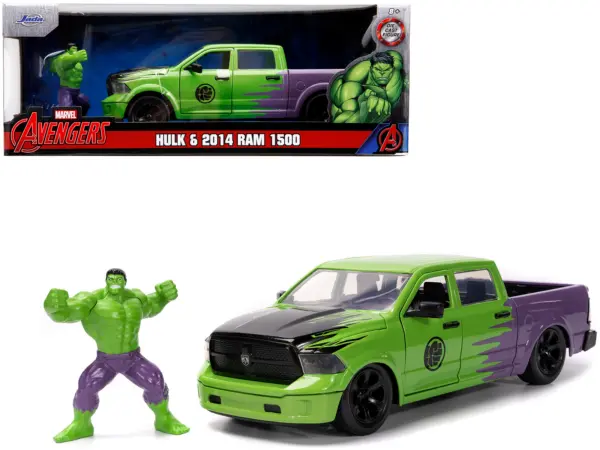 2014 RAM 1500 Pickup Truck Green and Purple and Hulk Diecast Figure "Marvel Avengers" "Hollywood Rides" Series 1/24 Diecast Model Car by Jada #1