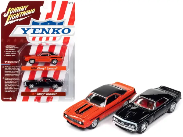 1969 Chevrolet Camaro Hugger Orange with Black Top and Stripes and 1967 Chevrolet Camaro Black with White Stripe and Red Interior "Yenko" Series Set of 2 Cars 1/64 Diecast Model Cars by Johnny Lightning #1