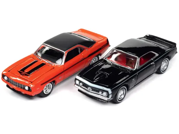 1969 Chevrolet Camaro Hugger Orange with Black Top and Stripes and 1967 Chevrolet Camaro Black with White Stripe and Red Interior "Yenko" Series Set of 2 Cars 1/64 Diecast Model Cars by Johnny Lightning #2