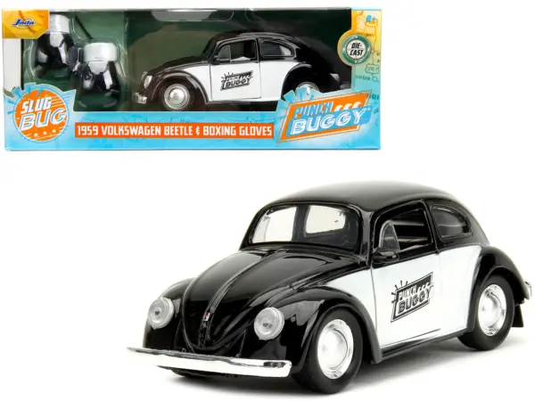 1959 Volkswagen Beetle "Punch Buggy" Black and White and Boxing Gloves Accessory "Punch Buggy" Series 1/32 Diecast Model Car by Jada #1