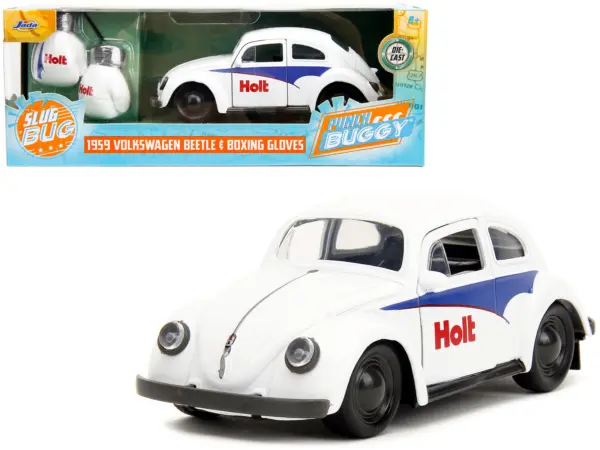 1959 Volkswagen Beetle "Holt" White with Blue Graphics and Boxing Gloves Accessory "Punch Buggy" Series 1/32 Diecast Model Car by Jada #1
