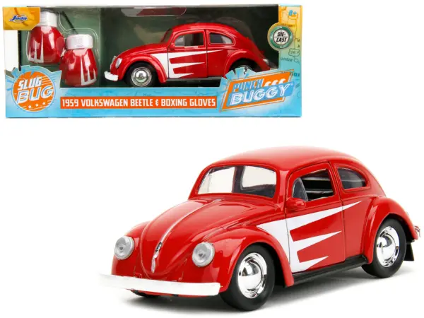 1959 Volkswagen Beetle Red with White Graphics and Boxing Gloves Accessory "Punch Buggy" Series 1/32 Diecast Model Car by Jada #1