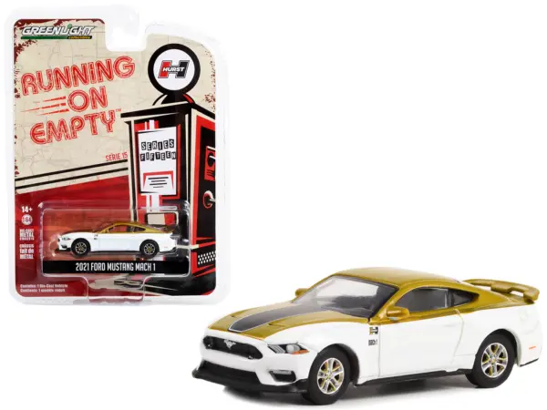 2021 Ford Mustang Mach 1 White and Gold with Black Stripe "Hurst Performance" "Running on Empty" Series 15 1/64 Diecast Model Car by Greenlight #1