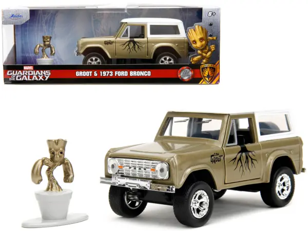 1973 Ford Bronco Gold Metallic with White Top and Groot Diecast Figure "Guardians of the Galaxy" "Marvel" Series 1/32 Diecast Model Car by Jada #1