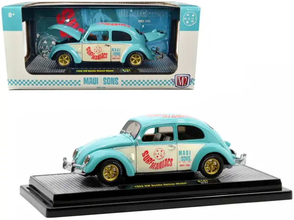 1952 Volkswagen Beetle Deluxe Model Light Blue and Wimbledon White “Maui & Sons” Limited Edition to 3850 pieces Worldwide 1/24 Diecast Model Car by M2 Machines #1