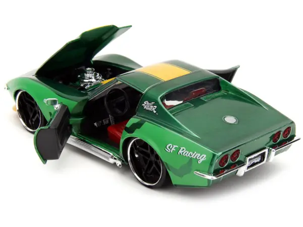 1969 Chevrolet Corvette Stingray ZL1 Green Metallic with Yellow Stripes and Cammy Diecast Figure "Street Fighter" Video Game "Anime Hollywood Rides" Series 1/24 Diecast Model Car by Jada #3
