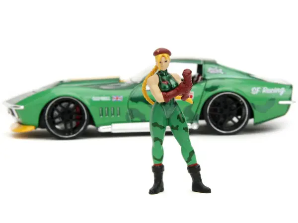 1969 Chevrolet Corvette Stingray ZL1 Green Metallic with Yellow Stripes and Cammy Diecast Figure "Street Fighter" Video Game "Anime Hollywood Rides" Series 1/24 Diecast Model Car by Jada #5