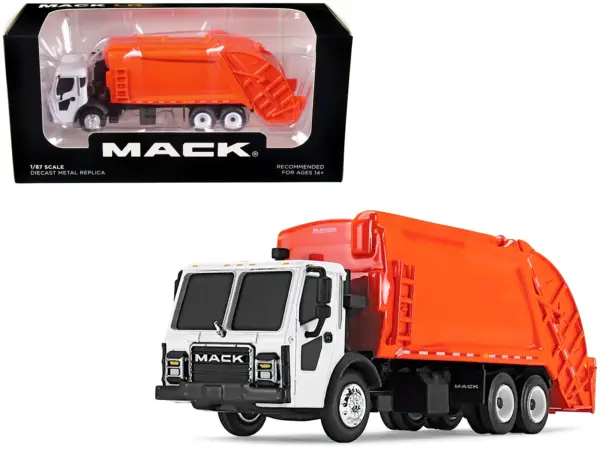 Mack LR with McNeilus Rear Load Refuse Body Orange and White 1/87 (HO) Diecast Model by First Gear #1
