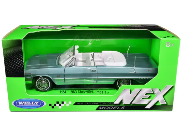 1963 Chevrolet Impala Convertible Light Blue Metallic with White Interior "NEX Models" 1/24 Diecast Model Car by Welly #1