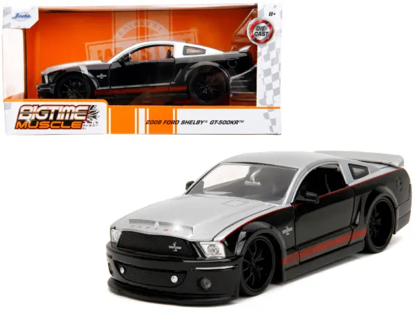 2008 Ford Shelby Mustang GT-500KR Silver and Black with Red Stripes "Bigtime Muscle" Series 1/24 Diecast Model Car by Jada #1