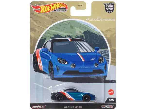 Alpine A110 Blue Metallic and Black with Graphics "Auto Strasse" Series Diecast Model Car by Hot Wheels #1
