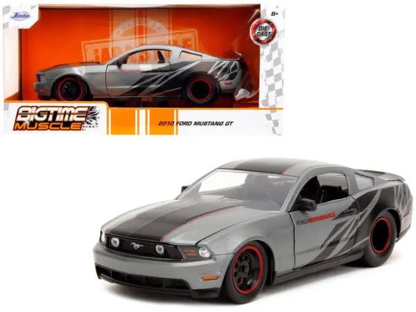 2010 Ford Mustang GT Matt Gray Metallic with Black Graphics and Stripes "Ford Performance" "Bigtime Muscle" Series 1/24 Diecast Model Car by Jada #1