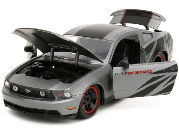 2010 Ford Mustang GT Matt Gray Metallic with Black Graphics and Stripes "Ford Performance" "Bigtime Muscle" Series 1/24 Diecast Model Car by Jada #2