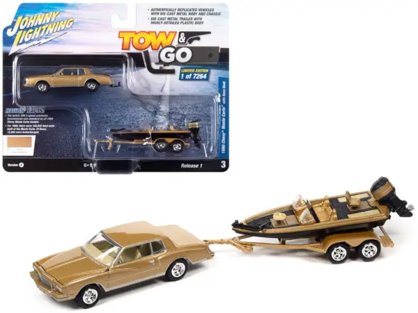 1980 Chevrolet Monte Carlo Light Camel Gold Metallic with Bass Boat and Trailer Limited Edition to 7264 pieces Worldwide "Tow & Go" Series 1/64 Diecast Model Car by Johnny Lightning #1