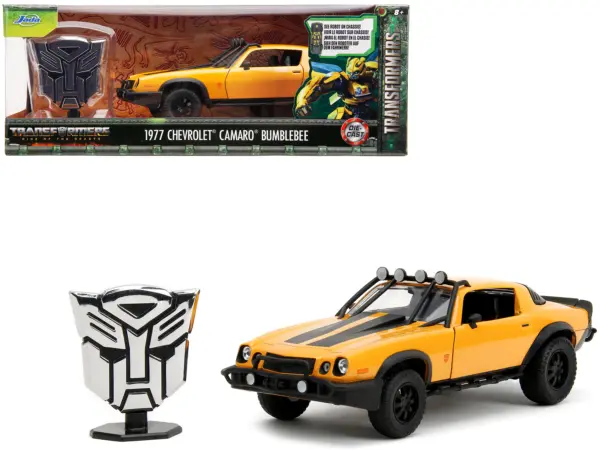 1977 Chevrolet Camaro Off-Road Version "Bumblebee" Yellow Metallic with Black Stripes and Transformers Logo Diecast Statue "Transformers: Rise of the Beasts" (2023) Movie "Hollywood Rides" Series 1/24 Diecast Model Car by Jada #1