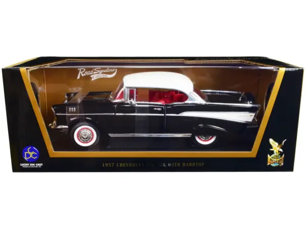 1957 Chevrolet Bel Air Hardtop Black with White Top and Red Interior 1/18 Diecast Model Car by Road Signature #1