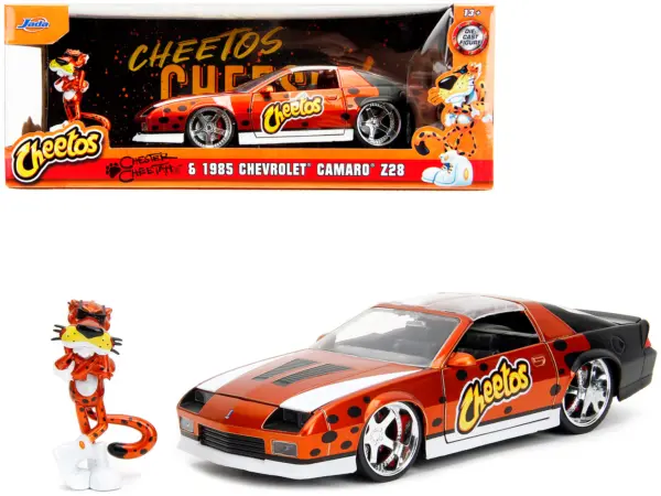 1985 Chevrolet Camaro Z/28 Orange Metallic with Graphics and Chester Cheetah Diecast Figure "Cheetos" "Hollywood Rides" Series 1/24 Diecast Model Car by Jada #1