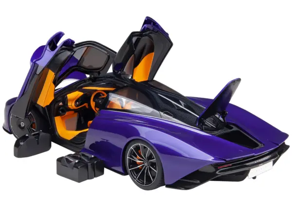 McLaren Speedtail Lantana Purple Metallic with Black Top and Yellow Interior and Suitcase Accessories  1/18 Model Car by Autoart #2